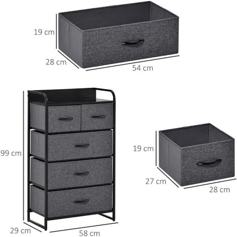 HOMCOM Commode Meuble De Rangement 5 Tiroirs Pliables En Tissu 58 X 29 X 99 Cm Gris 5 HOMCOM Commode Meuble De Rangement 5 Tiroirs Pliables En Tissu 58 X 29 X 99 Cm Gris – Image 3