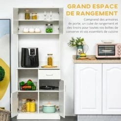 HOMCOM Armoire De Cuisine Multi-rangements 4 Portes 1 Tiroirs étagère + Grand Plateau 71 X 41 X 178 Cm MDF Blanc -France HOMCOM Soldes 2022 36843115 4