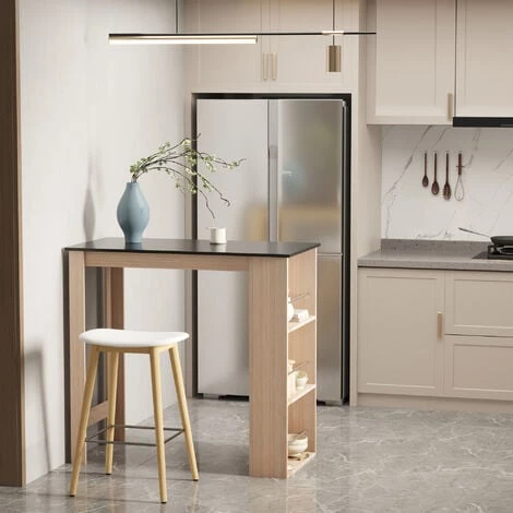 HOMCOM Table De Bar Table Haute De Cuisine Mange-debout Comptoir - Dim. 112L X 57l X 106H Cm - 3 étagères - Panneaux De Particules - Aspect Chêne Clair Noir - Marron 4 HOMCOM Table De Bar Table Haute De Cuisine Mange-debout Comptoir - Dim. 112L X 57l X 106H Cm - 3 étagères - Panneaux De Particules - Aspect Chêne Clair Noir - Marron â Image 2