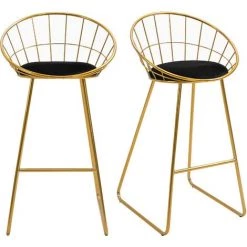 HOMCOM Lot De 2 Tabourets De Bar Design Avec Repose-pied Structure Métal Et Coussin Velours 52,5 X 47 X 97 Cm Noir Et Doré - Doré