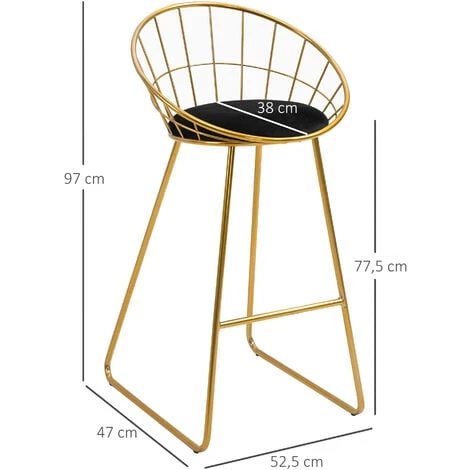 HOMCOM Lot De 2 Tabourets De Bar Design Avec Repose-pied Structure Métal Et Coussin Velours 52,5 X 47 X 97 Cm Noir Et Doré - Doré 5 HOMCOM Lot De 2 Tabourets De Bar Design Avec Repose-pied Structure Métal Et Coussin Velours 52,5 X 47 X 97 Cm Noir Et Doré - Doré – Image 3