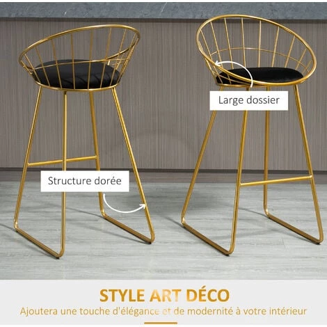 HOMCOM Lot De 2 Tabourets De Bar Design Avec Repose-pied Structure Métal Et Coussin Velours 52,5 X 47 X 97 Cm Noir Et Doré - Doré 6 HOMCOM Lot De 2 Tabourets De Bar Design Avec Repose-pied Structure Métal Et Coussin Velours 52,5 X 47 X 97 Cm Noir Et Doré - Doré – Image 4