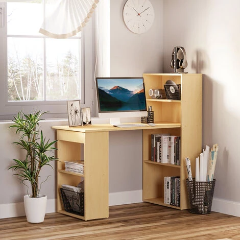 HOMCOM Bureau Informatique 120L X 55l X 120H Cm Bibliothèque Adjacente Multi-rangements Bois Naturel - Bois Naturel 4 HOMCOM Bureau Informatique 120L X 55l X 120H Cm Bibliothèque Adjacente Multi-rangements Bois Naturel - Bois Naturel – Image 2