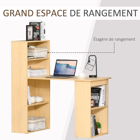HOMCOM Bureau Informatique 120L X 55l X 120H Cm Bibliothèque Adjacente Multi-rangements Bois Naturel - Bois Naturel 6 HOMCOM Bureau Informatique 120L X 55l X 120H Cm Bibliothèque Adjacente Multi-rangements Bois Naturel - Bois Naturel – Image 4