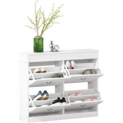 HOMCOM Armoire à Chaussures Meuble à Chaussures Rangement Pour 32 Paires Dim. 98L X 24l X 83H Cm 4 Portes Abattantes Double Niveau MDF Blanc - Blanc -France HOMCOM Soldes 2022 36843278 4