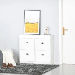 HOMCOM Armoire à Chaussures Meuble à Chaussures Rangement Pour 32 Paires Dim. 98L X 24l X 83H Cm 4 Portes Abattantes Double Niveau MDF Blanc - Blanc -France HOMCOM Soldes 2022 36843278 5