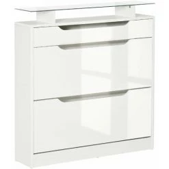 HOMCOM Armoire à Chaussures Avec 2 Tiroirs Rabattables + 1 Tiroir Coulissant + 1 Comptoir Et 1 Plateau En Verre étagère Réglable Sur 2 Niveaux 89 X 23 X 96 Cm Blanc - Blanc