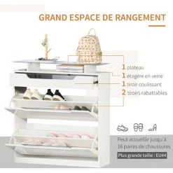 HOMCOM Armoire à Chaussures Avec 2 Tiroirs Rabattables + 1 Tiroir Coulissant + 1 Comptoir Et 1 Plateau En Verre étagère Réglable Sur 2 Niveaux 89 X 23 X 96 Cm Blanc - Blanc -France HOMCOM Soldes 2022 36843280 5