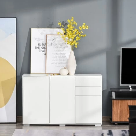 HOMCOM Commode Buffet De Rangement 2 Tiroirs Coulissants 3 Portes étagère Réglable Panneaux De Particules 117 X 36 X 74 Cm Blanc 4 HOMCOM Commode Buffet De Rangement 2 Tiroirs Coulissants 3 Portes étagère Réglable Panneaux De Particules 117 X 36 X 74 Cm Blanc – Image 2