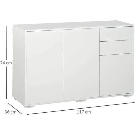 HOMCOM Commode Buffet De Rangement 2 Tiroirs Coulissants 3 Portes étagère Réglable Panneaux De Particules 117 X 36 X 74 Cm Blanc 5 HOMCOM Commode Buffet De Rangement 2 Tiroirs Coulissants 3 Portes étagère Réglable Panneaux De Particules 117 X 36 X 74 Cm Blanc – Image 3