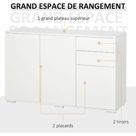 HOMCOM Commode Buffet De Rangement 2 Tiroirs Coulissants 3 Portes étagère Réglable Panneaux De Particules 117 X 36 X 74 Cm Blanc 7 HOMCOM Commode Buffet De Rangement 2 Tiroirs Coulissants 3 Portes étagère Réglable Panneaux De Particules 117 X 36 X 74 Cm Blanc – Image 5