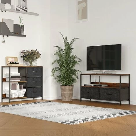 HOMCOM Meuble TV Bas Sur Pieds Style Industriel 2 Tiroirs En Tissu Gris MDF Marron Rustique Et Métal Noir - Marron 4 HOMCOM Meuble TV Bas Sur Pieds Style Industriel 2 Tiroirs En Tissu Gris MDF Marron Rustique Et Métal Noir - Marron – Image 2