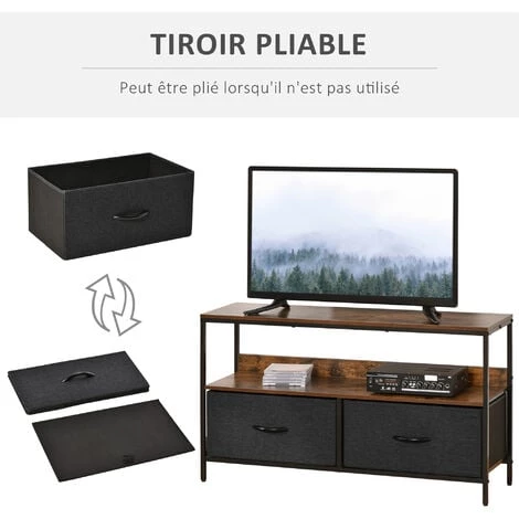 HOMCOM Meuble TV Bas Sur Pieds Style Industriel 2 Tiroirs En Tissu Gris MDF Marron Rustique Et Métal Noir - Marron 6 HOMCOM Meuble TV Bas Sur Pieds Style Industriel 2 Tiroirs En Tissu Gris MDF Marron Rustique Et Métal Noir - Marron – Image 4
