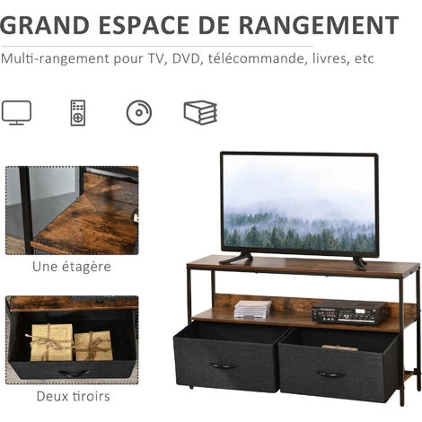 HOMCOM Meuble TV Bas Sur Pieds Style Industriel 2 Tiroirs En Tissu Gris MDF Marron Rustique Et Métal Noir - Marron 7 HOMCOM Meuble TV Bas Sur Pieds Style Industriel 2 Tiroirs En Tissu Gris MDF Marron Rustique Et Métal Noir - Marron – Image 5