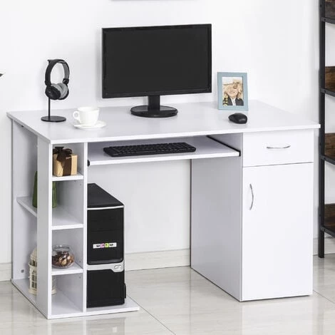 HOMCOM Bureau Informatique Multimédia Multi-rangements Avec étagère Tiroir Tablette Clavier MDF 120 X 60 X 74 Cm Blanc - Blanc 4 HOMCOM Bureau Informatique Multimédia Multi-rangements Avec étagère Tiroir Tablette Clavier MDF 120 X 60 X 74 Cm Blanc - Blanc – Image 2