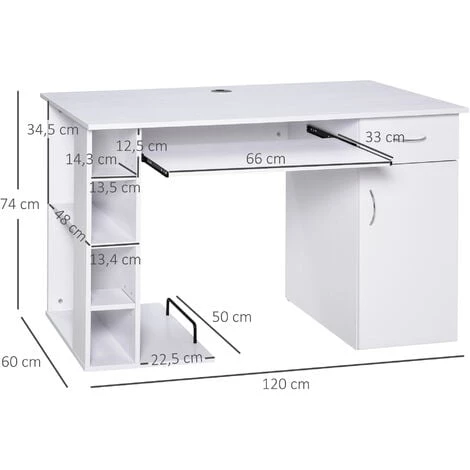 HOMCOM Bureau Informatique Multimédia Multi-rangements Avec étagère Tiroir Tablette Clavier MDF 120 X 60 X 74 Cm Blanc - Blanc 5 HOMCOM Bureau Informatique Multimédia Multi-rangements Avec étagère Tiroir Tablette Clavier MDF 120 X 60 X 74 Cm Blanc - Blanc – Image 3