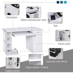 HOMCOM Bureau Informatique Multimédia Multi-rangements Avec étagère Tiroir Tablette Clavier MDF 120 X 60 X 74 Cm Blanc - Blanc 10 HOMCOM Bureau Informatique Multimédia Multi-rangements Avec étagère Tiroir Tablette Clavier MDF 120 X 60 X 74 Cm Blanc - Blanc -France HOMCOM Soldes 2022 36843382 4