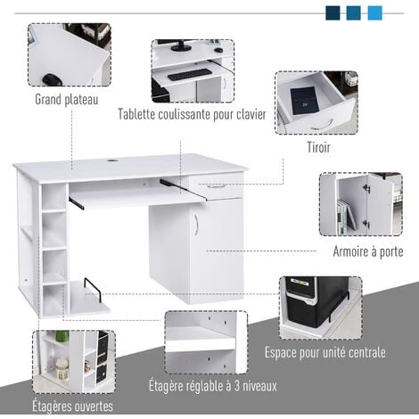 HOMCOM Bureau Informatique Multimédia Multi-rangements Avec étagère Tiroir Tablette Clavier MDF 120 X 60 X 74 Cm Blanc - Blanc 6 HOMCOM Bureau Informatique Multimédia Multi-rangements Avec étagère Tiroir Tablette Clavier MDF 120 X 60 X 74 Cm Blanc - Blanc – Image 4