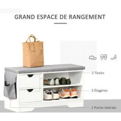 HOMCOM Meuble Chaussures Et Banc à Chaussures Avec Coussin Gris 2 étagères Et 2 Tiroirs MDF 80,5 X 30,5 X 43,5 Cm Gris Et Blanc - Blanc -France HOMCOM Soldes 2022 36847921 4