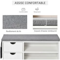 HOMCOM Meuble Chaussures Et Banc à Chaussures Avec Coussin Gris 2 étagères Et 2 Tiroirs MDF 80,5 X 30,5 X 43,5 Cm Gris Et Blanc - Blanc -France HOMCOM Soldes 2022 36847921 5