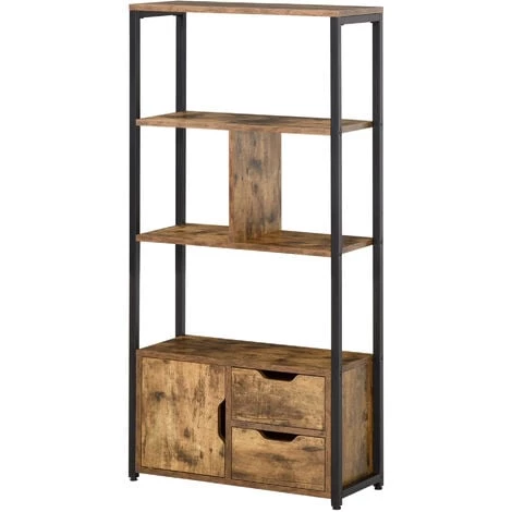HOMCOM Bibliothèque Style Industriel 3 étagères Placard Porte 2 Tiroirs Panneaux Particules Aspect Vieux Bois Acier Noir - Marron 3 HOMCOM Bibliothèque Style Industriel 3 étagères Placard Porte 2 Tiroirs Panneaux Particules Aspect Vieux Bois Acier Noir - Marron