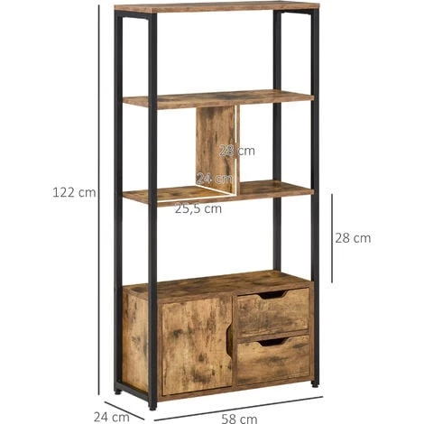 HOMCOM Bibliothèque Style Industriel 3 étagères Placard Porte 2 Tiroirs Panneaux Particules Aspect Vieux Bois Acier Noir - Marron 5 HOMCOM Bibliothèque Style Industriel 3 étagères Placard Porte 2 Tiroirs Panneaux Particules Aspect Vieux Bois Acier Noir - Marron – Image 3