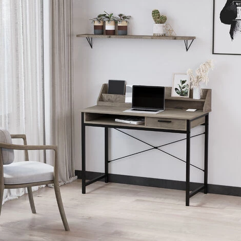 HOMCOM Bureau Secrétaire Style Industriel Dim. 106L X 53l X 95H Cm Tiroir, Compartiment, 3 étagères Châssis Métal Noir Plateau Aspect Bois Gris - Gris 4 HOMCOM Bureau Secrétaire Style Industriel Dim. 106L X 53l X 95H Cm Tiroir, Compartiment, 3 étagères Châssis Métal Noir Plateau Aspect Bois Gris - Gris – Image 2