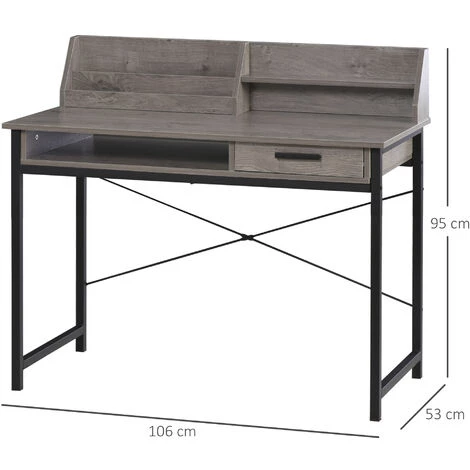 HOMCOM Bureau Secrétaire Style Industriel Dim. 106L X 53l X 95H Cm Tiroir, Compartiment, 3 étagères Châssis Métal Noir Plateau Aspect Bois Gris - Gris 5 HOMCOM Bureau Secrétaire Style Industriel Dim. 106L X 53l X 95H Cm Tiroir, Compartiment, 3 étagères Châssis Métal Noir Plateau Aspect Bois Gris - Gris – Image 3