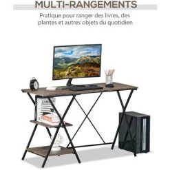 HOMCOM Bureau Informatique Design Industriel 2 étagères Châssis Piètement Croisé Métal Noir MDF Aspect Bois Brun - Marron -France HOMCOM Soldes 2022 37149181 4