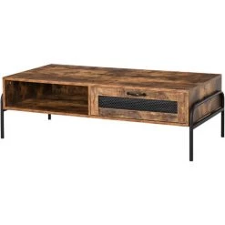 HOMCOM Table Basse Rectangulaire Style Industriel Niche Tiroir Coulissant Métal Noir Panneaux Particules Aspect Vieux Bois Veinage - Marron
