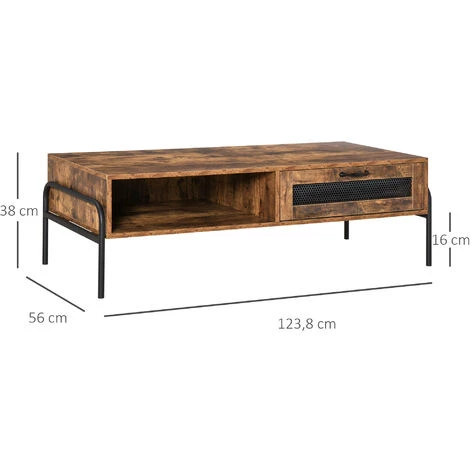 HOMCOM Table Basse Rectangulaire Style Industriel Niche Tiroir Coulissant Métal Noir Panneaux Particules Aspect Vieux Bois Veinage - Marron 5 HOMCOM Table Basse Rectangulaire Style Industriel Niche Tiroir Coulissant Métal Noir Panneaux Particules Aspect Vieux Bois Veinage - Marron – Image 3