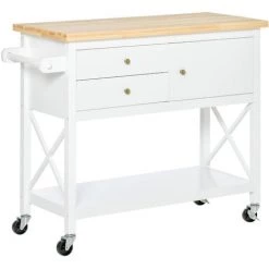 HOMCOM Desserte De Cuisine Multi-rangements - Dim. 108L X 45l X 89H Cm - Poignées Métal MDF Blanc Plateau Bois Hévéa