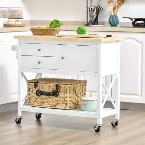 HOMCOM Desserte De Cuisine Multi-rangements - Dim. 108L X 45l X 89H Cm - Poignées Métal MDF Blanc Plateau Bois Hévéa 4 HOMCOM Desserte De Cuisine Multi-rangements - Dim. 108L X 45l X 89H Cm - Poignées Métal MDF Blanc Plateau Bois Hévéa – Image 2