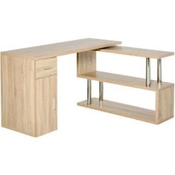 HOMCOM Bureau Informatique Multimédia Design - Modulable - 3 étagères, Placard, Tiroir - Panneaux Aspect Chêne Clair Métal Chromé - Beige