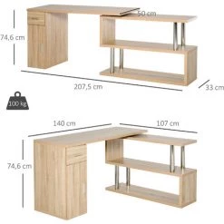 HOMCOM Bureau Informatique Multimédia Design - Modulable - 3 étagères, Placard, Tiroir - Panneaux Aspect Chêne Clair Métal Chromé - Beige -France HOMCOM Soldes 2022 37281392 3
