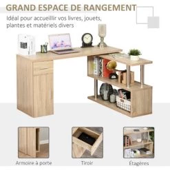 HOMCOM Bureau Informatique Multimédia Design - Modulable - 3 étagères, Placard, Tiroir - Panneaux Aspect Chêne Clair Métal Chromé - Beige -France HOMCOM Soldes 2022 37281392 5