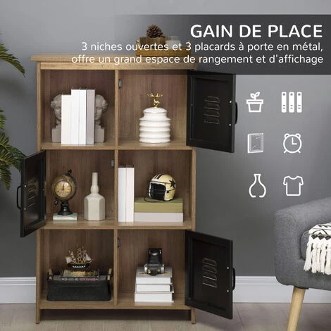 HOMCOM Bibliothèque Design Industriel - Meuble De Rangement 3 Niches 3 Casiers - Panneaux Particules Aspect Bois Veinage Portes Métal Noir - Marron 4 HOMCOM Bibliothèque Design Industriel - Meuble De Rangement 3 Niches 3 Casiers - Panneaux Particules Aspect Bois Veinage Portes Métal Noir - Marron – Image 2