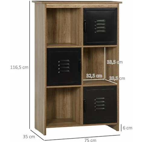 HOMCOM Bibliothèque Design Industriel - Meuble De Rangement 3 Niches 3 Casiers - Panneaux Particules Aspect Bois Veinage Portes Métal Noir - Marron 5 HOMCOM Bibliothèque Design Industriel - Meuble De Rangement 3 Niches 3 Casiers - Panneaux Particules Aspect Bois Veinage Portes Métal Noir - Marron – Image 3