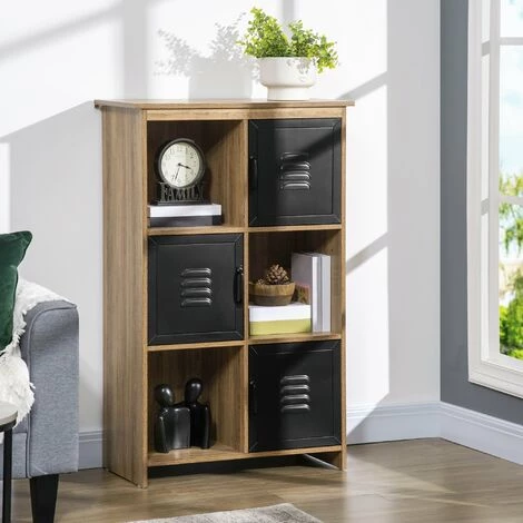 HOMCOM Bibliothèque Design Industriel - Meuble De Rangement 3 Niches 3 Casiers - Panneaux Particules Aspect Bois Veinage Portes Métal Noir - Marron 6 HOMCOM Bibliothèque Design Industriel - Meuble De Rangement 3 Niches 3 Casiers - Panneaux Particules Aspect Bois Veinage Portes Métal Noir - Marron – Image 4