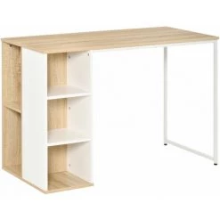 HOMCOM Bureau Informatique Multimédia - Dim. 115L X 55l X 75H Cm - 3 étagères Latérales - Panneaux Particules Chêne Clair Blanc Métal - Beige