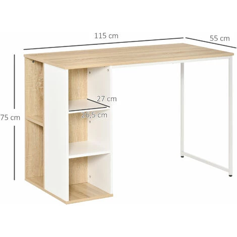 HOMCOM Bureau Informatique Multimédia - Dim. 115L X 55l X 75H Cm - 3 étagères Latérales - Panneaux Particules Chêne Clair Blanc Métal - Beige 5 HOMCOM Bureau Informatique Multimédia - Dim. 115L X 55l X 75H Cm - 3 étagères Latérales - Panneaux Particules Chêne Clair Blanc Métal - Beige – Image 3