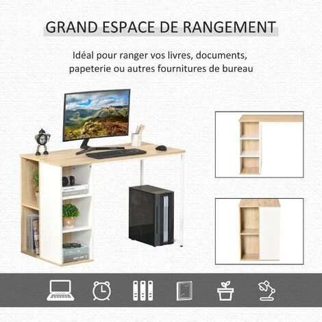 HOMCOM Bureau Informatique Multimédia - Dim. 115L X 55l X 75H Cm - 3 étagères Latérales - Panneaux Particules Chêne Clair Blanc Métal - Beige 6 HOMCOM Bureau Informatique Multimédia - Dim. 115L X 55l X 75H Cm - 3 étagères Latérales - Panneaux Particules Chêne Clair Blanc Métal - Beige – Image 4