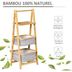HOMCOM Etagère En Bambou De Salle De Bain, étagère Pliable - 2 Paniers, étagère - Dim. 44L X 33l X 108H Cm - Bambou Polyester Gris - Beige -France HOMCOM Soldes 2022 37281404 4