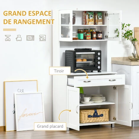 HOMCOM Armoire De Cuisine Contemporaine Multi-rangement 2 Placards Portes Grand Tiroir Coulissant Panneaux MDF Blanc - Blanc 5 HOMCOM Armoire De Cuisine Contemporaine Multi-rangement 2 Placards Portes Grand Tiroir Coulissant Panneaux MDF Blanc - Blanc – Image 4