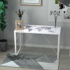 HOMCOM Bureau Informatique Design Contemporain Plateau Verre Trempé Décor Mappemonde Lettres Châssis Métal Blanc - Blanc -France HOMCOM Soldes 2022 37330554 2