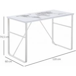 HOMCOM Bureau Informatique Design Contemporain Plateau Verre Trempé Décor Mappemonde Lettres Châssis Métal Blanc - Blanc -France HOMCOM Soldes 2022 37330554 3