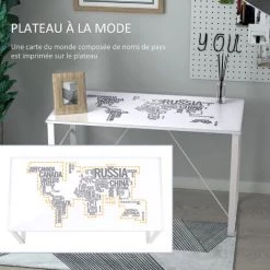 HOMCOM Bureau Informatique Design Contemporain Plateau Verre Trempé Décor Mappemonde Lettres Châssis Métal Blanc - Blanc -France HOMCOM Soldes 2022 37330554 4