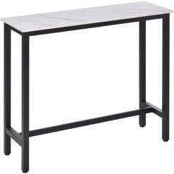 HOMCOM Table De Bar - Table Haute De Cuisine - Dim. 120L X 40l X 100H Cm - Châssis Piètement Acier Noir, Plateau Aspect Marbre Blanc - Blanc