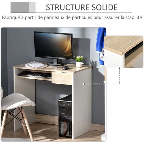 HOMCOM Bureau Secrétaire Tablette Clavier Tiroir Coulissant Panneaux Aspect Chêne Clair Blanc 6 HOMCOM Bureau Secrétaire Tablette Clavier Tiroir Coulissant Panneaux Aspect Chêne Clair Blanc – Image 4