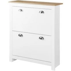 HOMCOM Armoire à Chaussures 2 Portes Abattantes 2 Compartiments Poignées Coquilles Métal MDF Blanc Chêne Clair - Blanc
